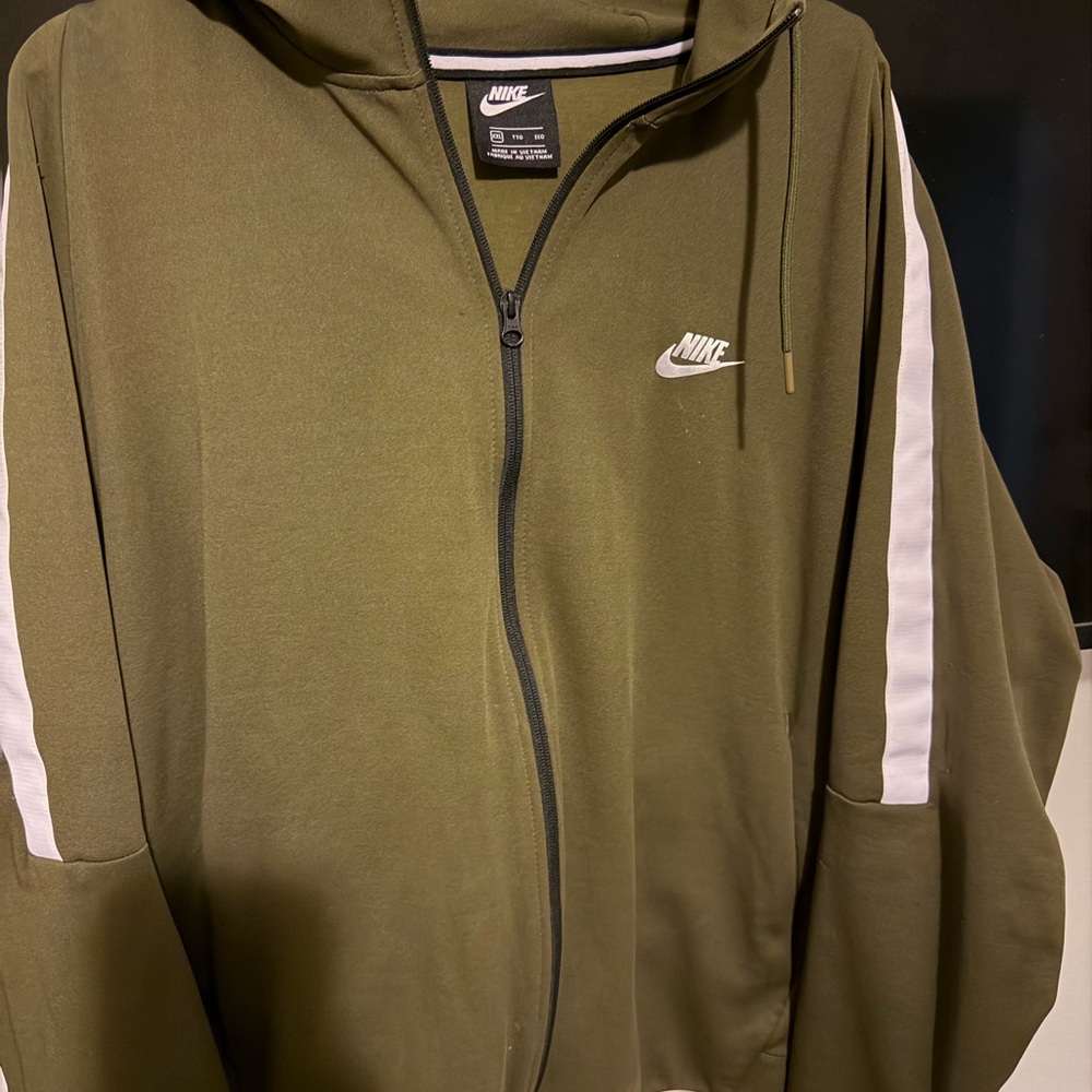 Nike Olive Zip-Up Hoodie Jacket with White Sleeve Stripes